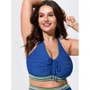 Bloomchic Textured Adjustable Drawstring Swim Top In Blue