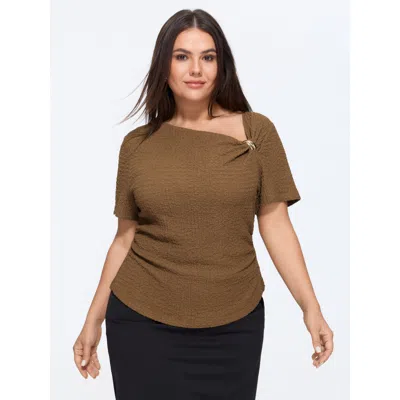 Bloomchic Textured Asymmetrical Neck Metallic Buckle Top In Yellowishbrown