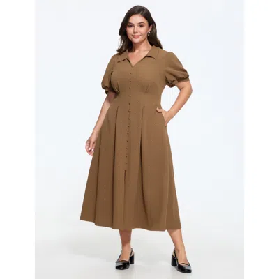 Bloomchic Textured Button Detail Placket Midi Dress In Yellowishbrown