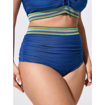 Bloomchic Textured Color Contrast High Waisted Swim Bottoms In Blue