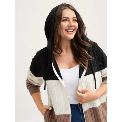 Bloomchic Textured Color Contrast Zipper Hoodie In Black