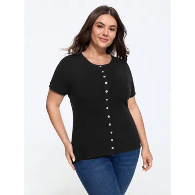 Bloomchic Textured Crew Neck Mixed Button Short Sleeve Cardigan In Black