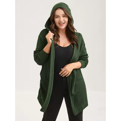 Bloomchic Textured Cut-out Hooded Knit Cardigan In Green