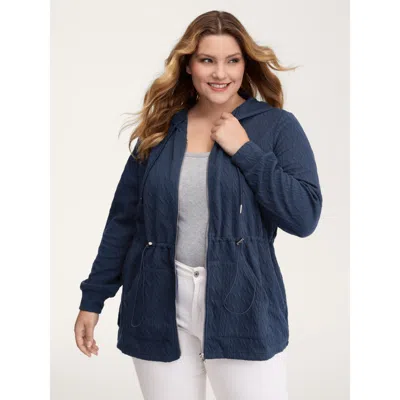 Bloomchic Textured Drawstring Zipper Hoodie In Blue