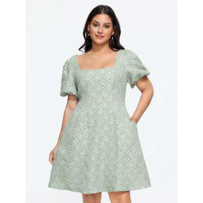 Bloomchic Textured Floral Jacquard Puff Sleeve Mini Dress In Greenbean_1