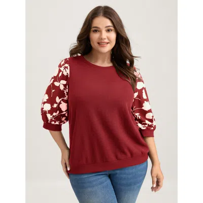 Bloomchic Textured Floral Puffy Sleeve Sweatshirt In Burgundy