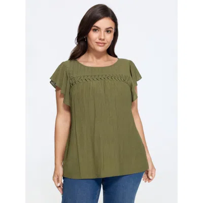 Bloomchic Textured Front Pleat Flutter Sleeve Blouse In Armygreen