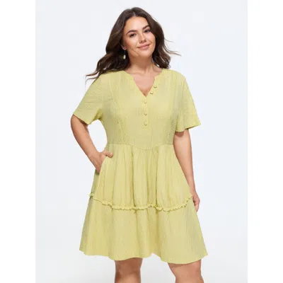 Bloomchic Textured Lace Trim Tiered Ruffle Mini Dress In Lightyellow