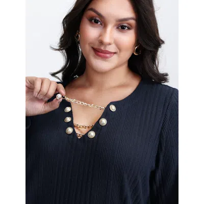 Bloomchic Textured Metallic Neckline Detail Stretchy Top In Black