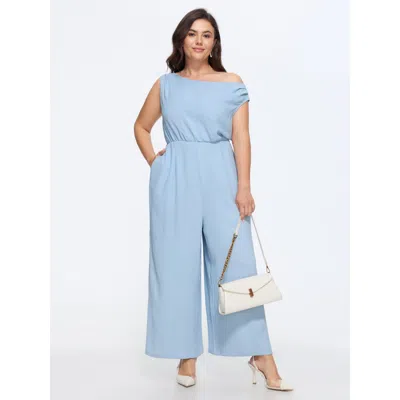 Bloomchic Textured One Shoulder Pocket Wide Leg Jumpsuit In Lightblue