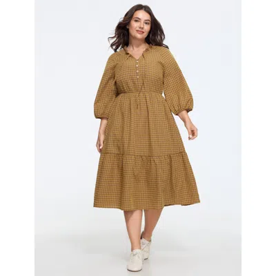Bloomchic Textured Plaid Elastic Waist Tiered Midi Dress In Chocolate Lab