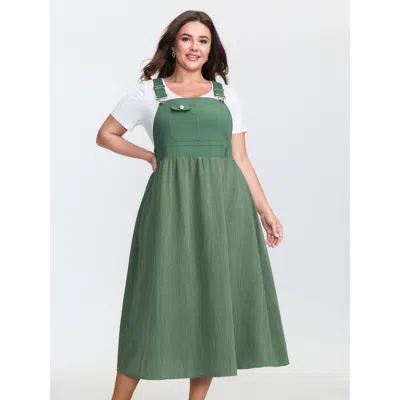 Bloomchic Textured Pockets Adjustable Overall Dress In Green