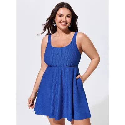 Bloomchic Textured Pockets Fit And Flare Swim Dress In Blue