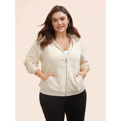 Bloomchic Textured Rhinestone Hooded O Ring Zipper Sweatshirt In Sand