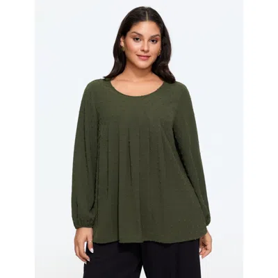 Bloomchic Textured Round Neck Pleated Front Blouse In Black