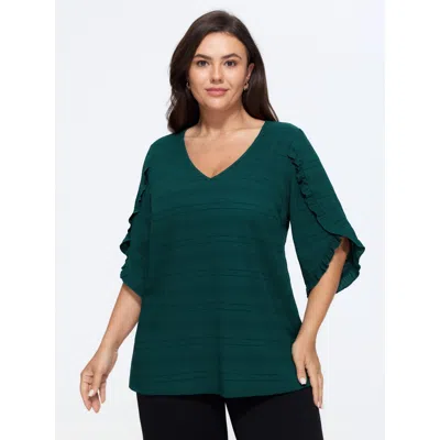 Bloomchic Textured Ruffle Petal Sleeve Blouse In Green