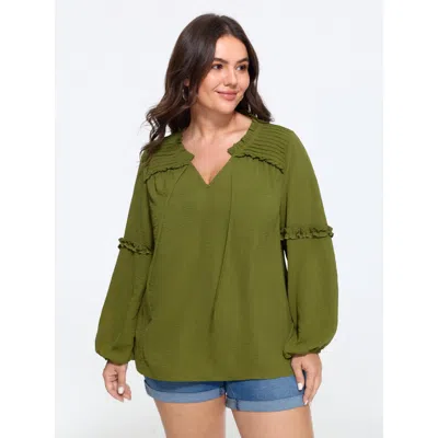 Bloomchic Textured Ruffled Trim Pleated Shoulder Blouse In Animal Print