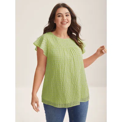 Bloomchic Textured Sheer Lined Flutter Sleeve Blouse In Applegreen