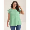 Bloomchic Textured Sheer Lined Flutter Sleeve Blouse In Green