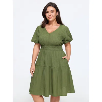 Bloomchic Textured Shirred Waist Tiered Mini Dress In Green