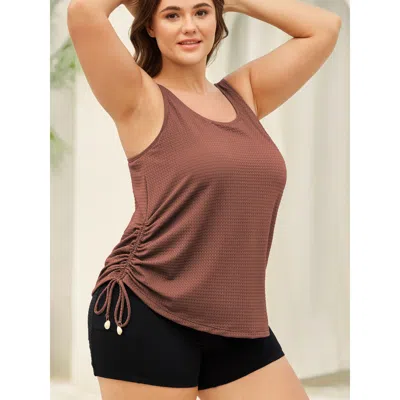 Bloomchic Textured Side Drawstrings U-neck Swim Top In Brown
