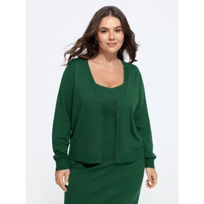 Bloomchic Textured Solid V Neck Front Button Cardigan In Darkgreen