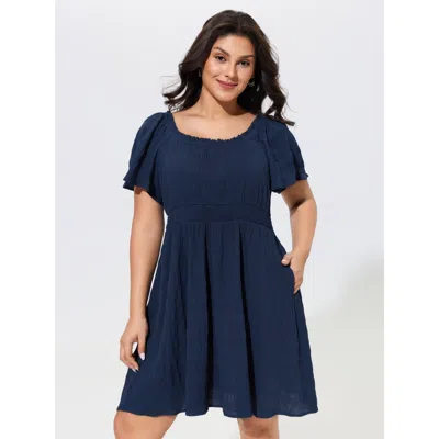 Bloomchic Textured Square Neck Ruffle Trim Mini Dress In Blue