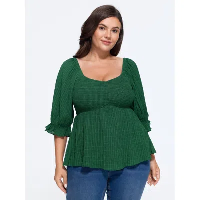 Bloomchic Textured Square Neck Shirred Peplum Blouse In Green
