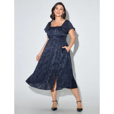 Bloomchic Textured Square Neck Split Hem Pocket Midi Dress In Blue