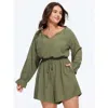 Bloomchic Textured Stripe Drawstring Waist Pocket Romper In Olive
