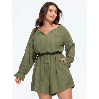 Bloomchic Textured Stripe Drawstring Waist Pocket Romper In Olive