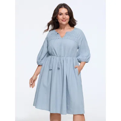 Bloomchic Textured Tassel Tie Shirred Mini Dress In Blue