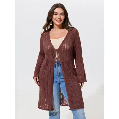 Bloomchic Textured Tie Front Cutout Crochet Cardigan In Brown