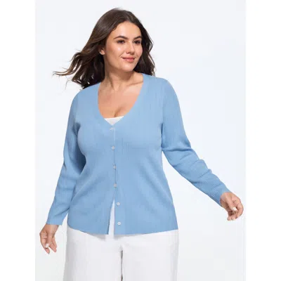 Bloomchic Textured Vertical Rib V Neck Front Button Cardigan In Lightblue