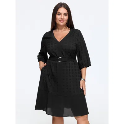 Bloomchic Textured V-neck Belted Patchwork Mini Dress In Black