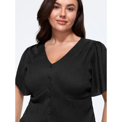 Bloomchic Textured V‑neck Button Front Ruffled Sleeve Blouse In Black