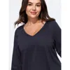 Bloomchic Textured V‑neck Raglan Long Sleeve Basic T-shirt In Blue