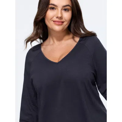 Bloomchic Textured V‑neck Raglan Long Sleeve Basic T-shirt In Blue