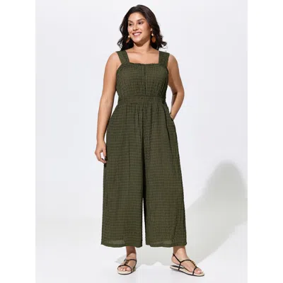 Bloomchic Textured Wide Straps Shirred Waist Jumpsuit