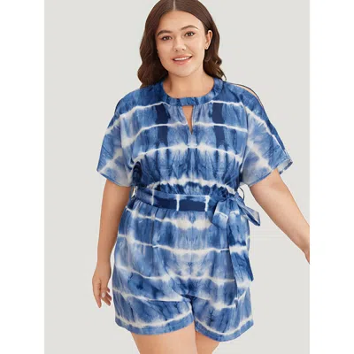 Bloomchic Tie Dye Keyhole Belted Batwing Sleeve Romper In Blue