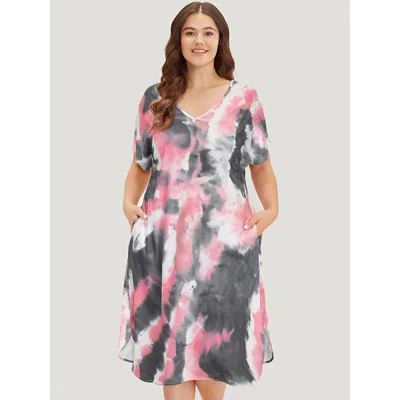 Bloomchic Tie Dye Pocket V Neck Dolman Sleeve Dress In Blue