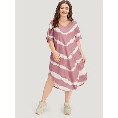 Bloomchic Tie Dye Striped Two Tone V Neck Pocket Dress In Pink