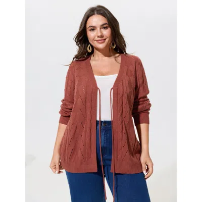 Bloomchic Tie Front Cutout Cable Knit Cardigan In Rust