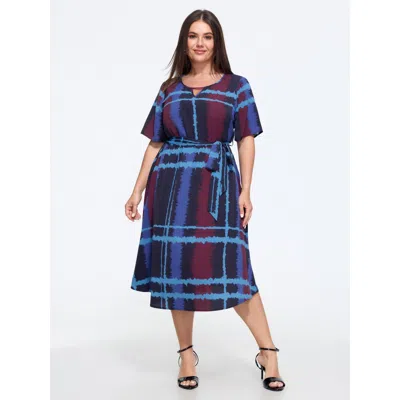 Bloomchic Tie‑dye Plaid Print Belted Midi Dress In Darkblue