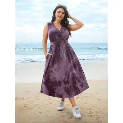 Bloomchic Tie-dye Surplice Neck Curved Hem Midi Dress In Purple