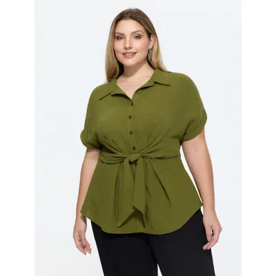 Bloomchic Tie-front Waist Button-down Blouse In Green