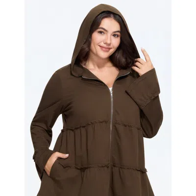 Bloomchic Tiered Ruffled Edges Pockets Zipper Hoodie In Brown