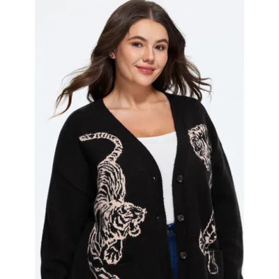 Bloomchic Tiger Jacquard V Neck Button Down Cardigan In Black