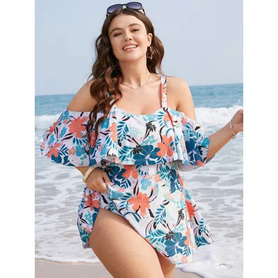 Bloomchic Tropical Adjustable Straps Cold Shoulder Ruffles Trim Swim Dress In Black
