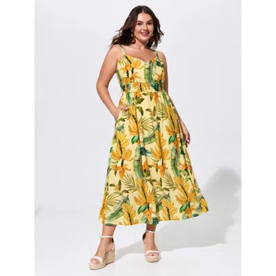 Bloomchic Tropical Breathable Shirred Detail Maxi Dress In Yellow